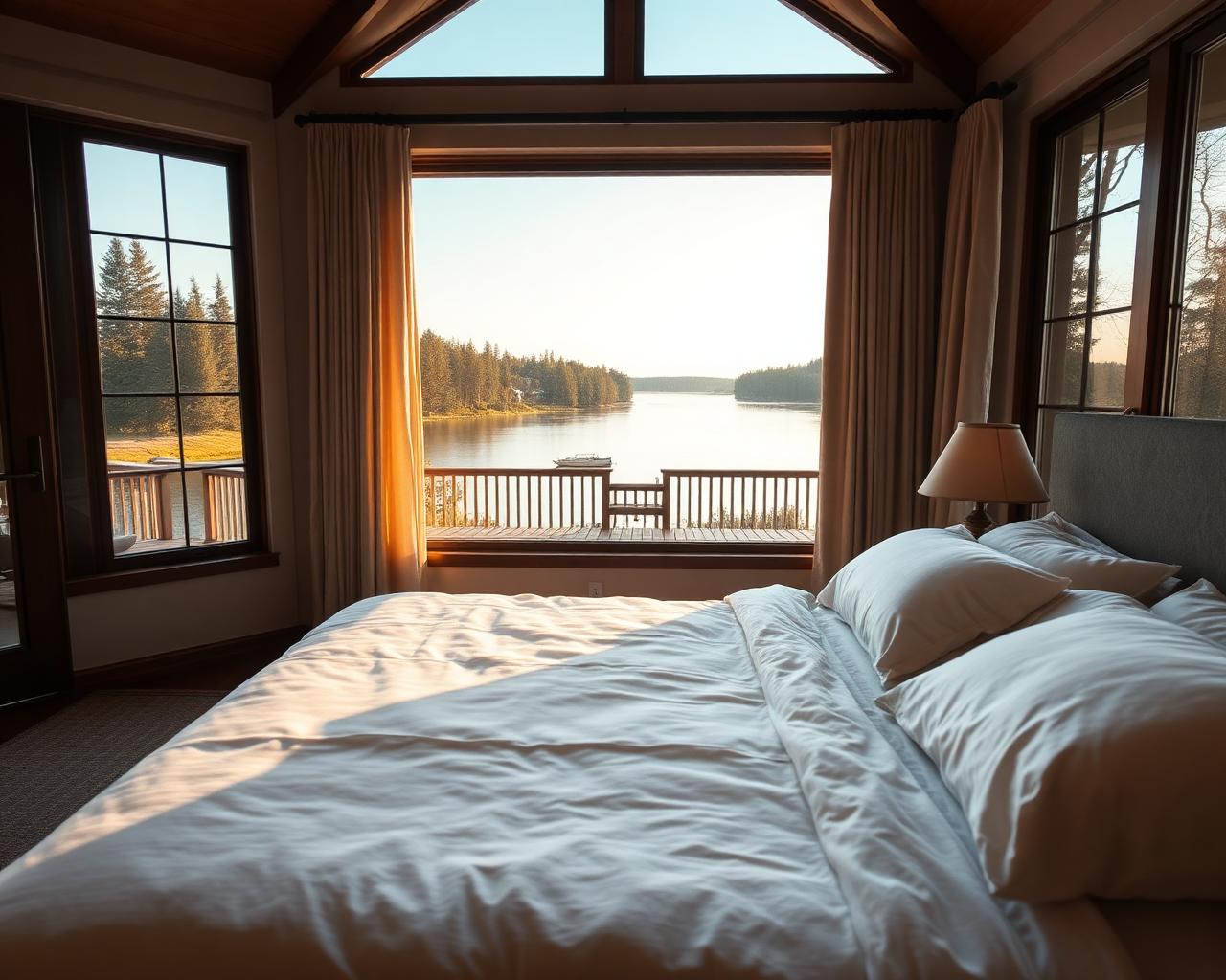 Lakeside bedroom with linens prepared for arrival