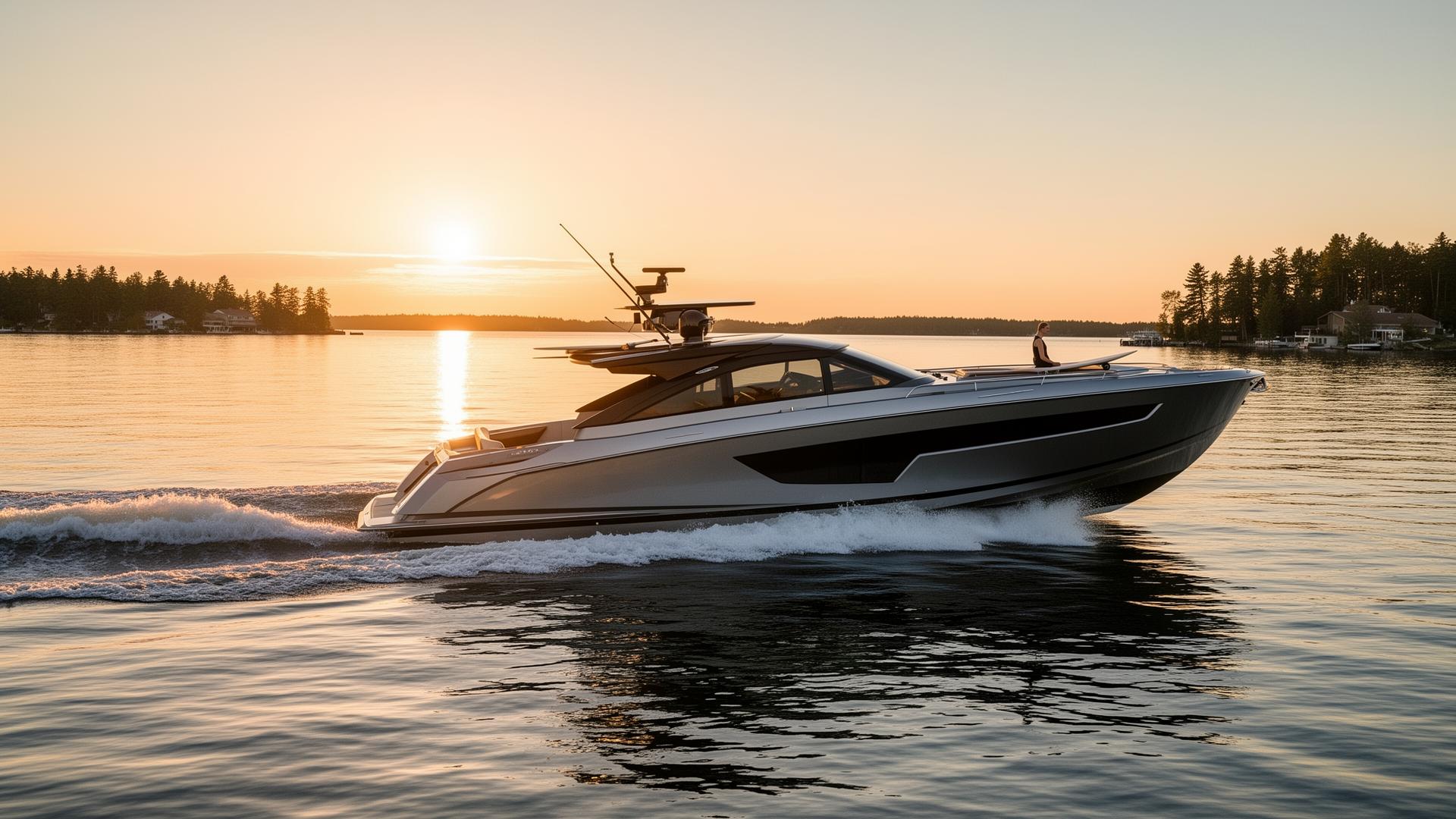 Luxury surf boat at golden hour on the Thousand Islands
